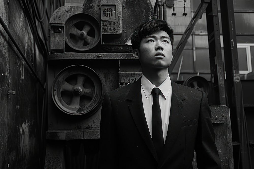 Hongkong male wearing suit architecture portrait factory.