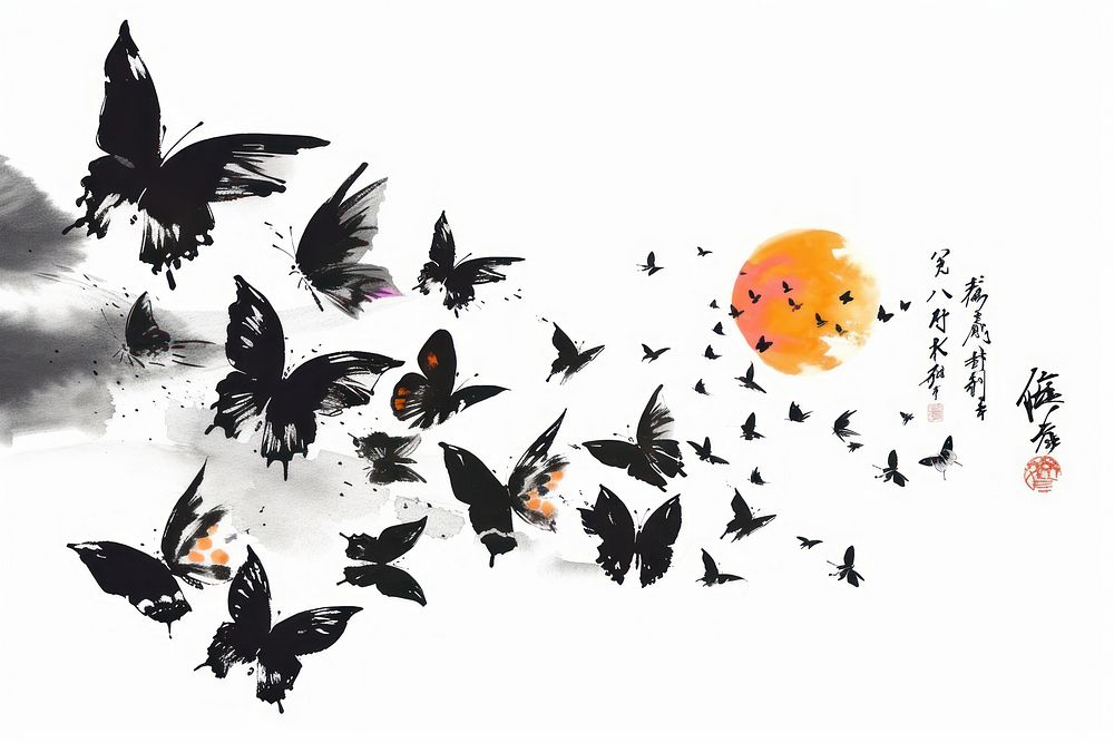 Japanese calligraphy art of Butterfly background silhouette butterfly animal.