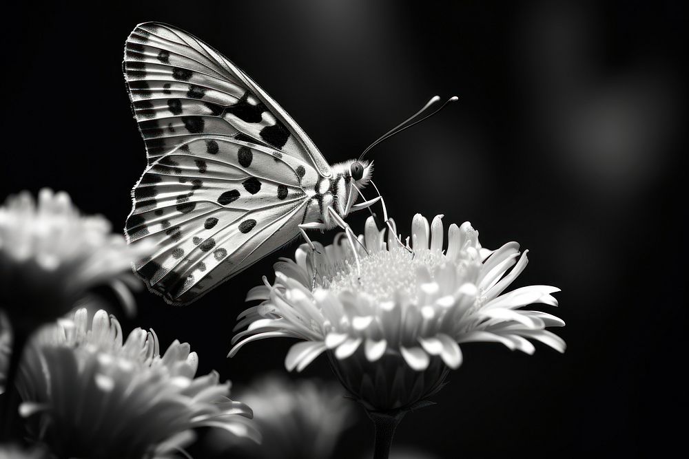 Butterfly eats flower pollen butterfly monochrome animal.