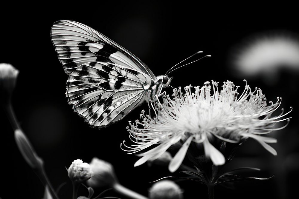 Butterfly eats flower pollen butterfly monochrome animal.