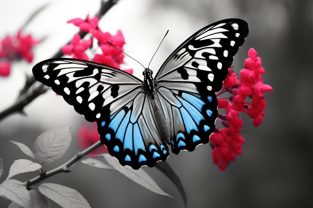 A colorful large butterfly is in the right corner animal insect flower.
