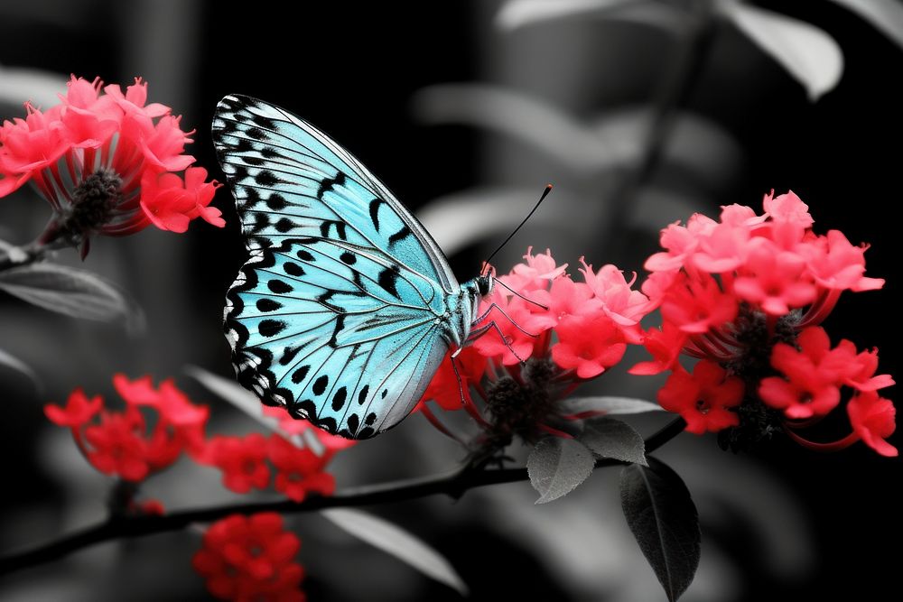 A colorful large butterfly is in the right corner animal insect flower.