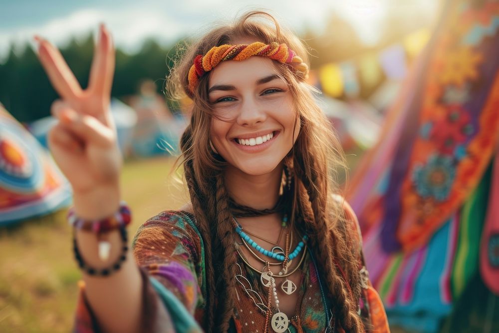 Hippie woman with two finger festival hippie smile.