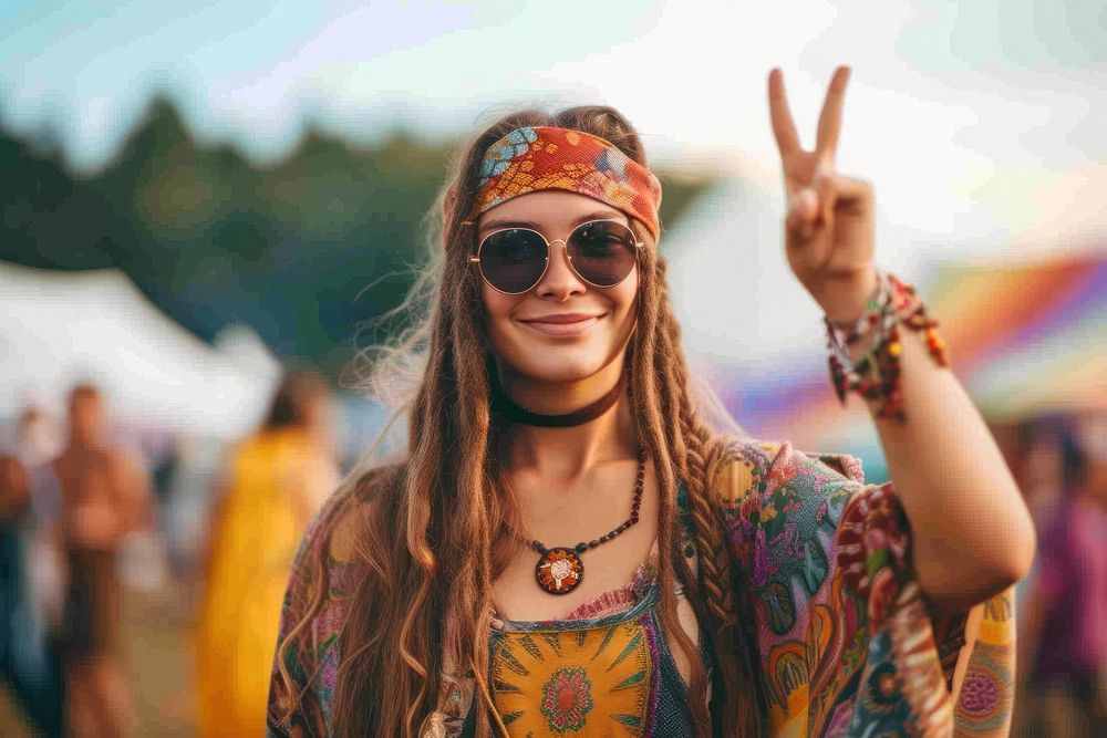 Hippie woman with two finger festival hippie smile.