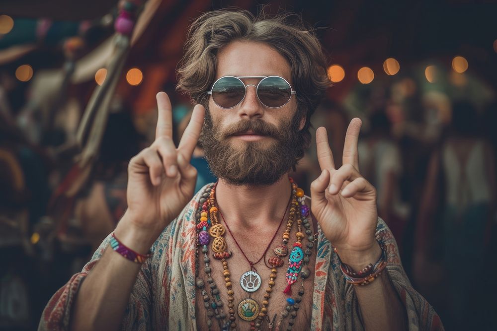 Hippie man with two finger festival portrait hippie.