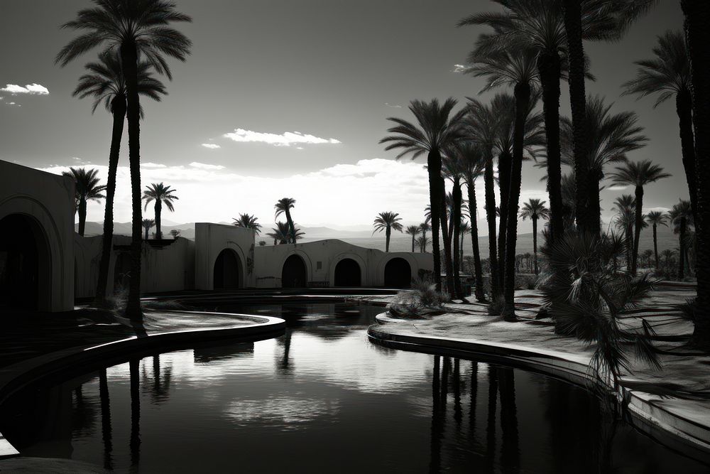 Desert oasis city architecture silhouette outdoors.