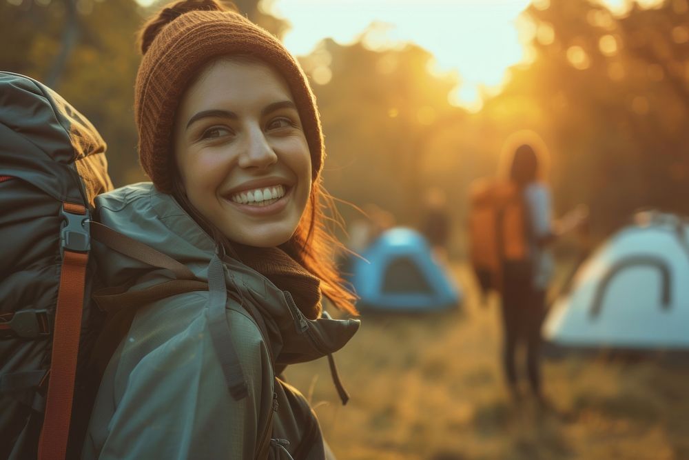Happy people camping backpack outdoors.