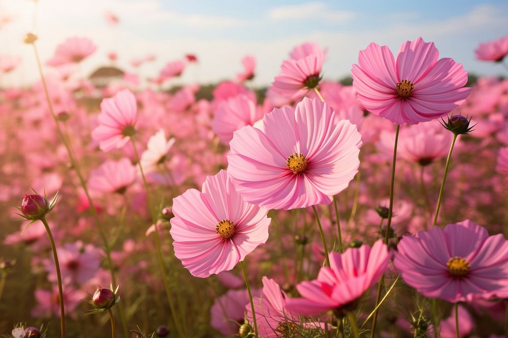 Pink cosmos flower landscape outdoors.