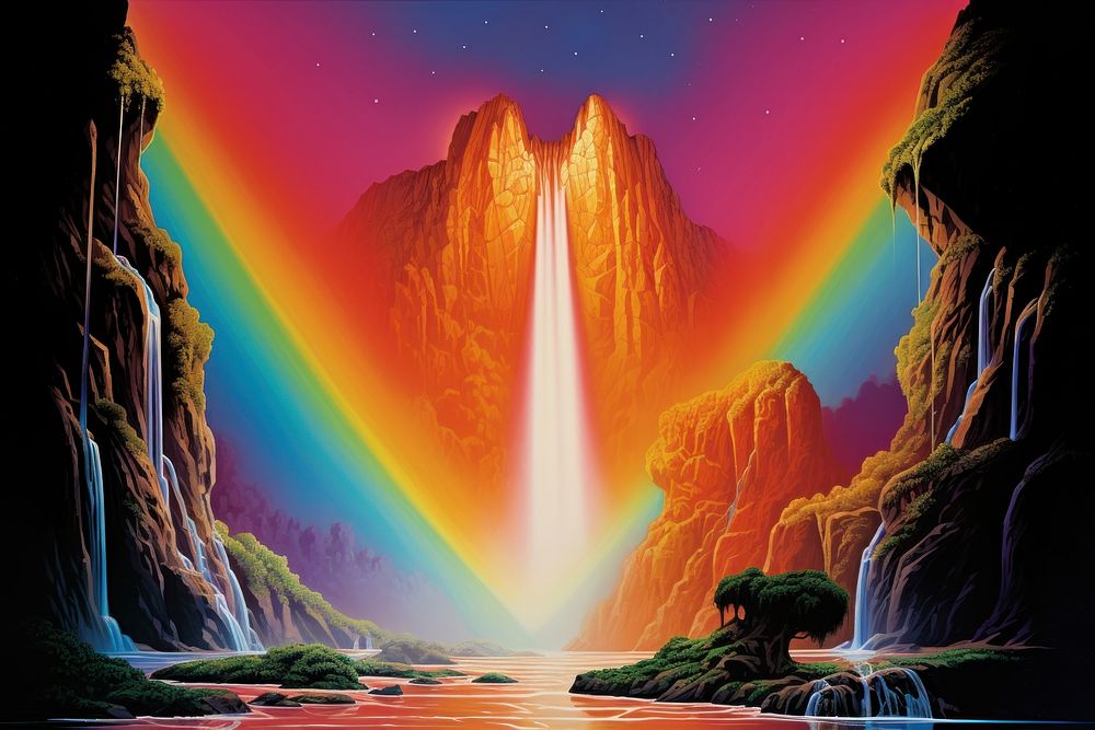 Waterfall rainbow mountain nature.