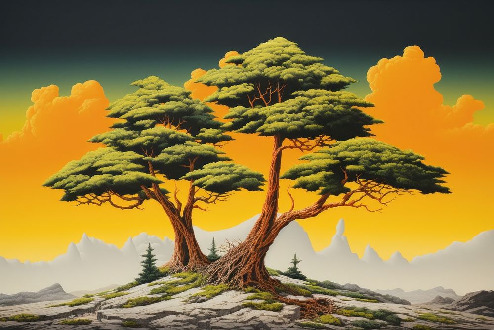 Yellow hills cypress trees art landscape outdoors.