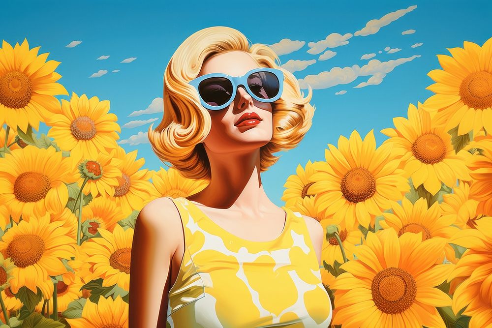 Sunflower fields sunglasses portrait outdoors.