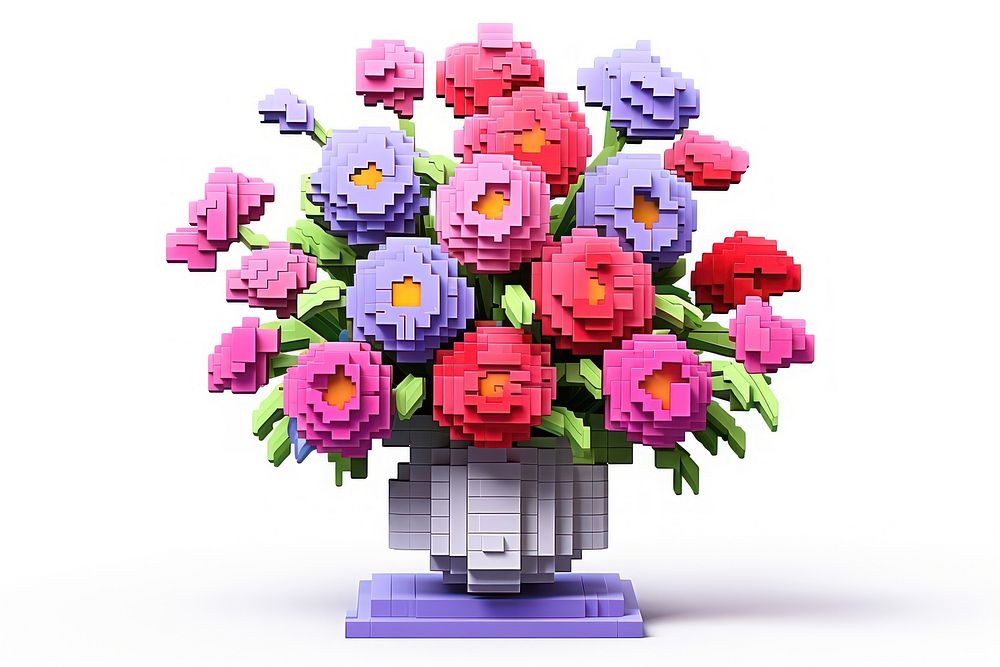 3D pixel art flowers plant vase white background.
