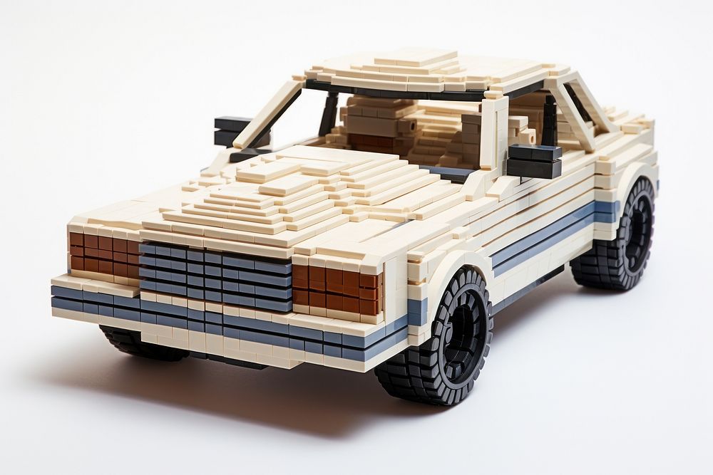 Car bricks toy vehicle wheel white background.