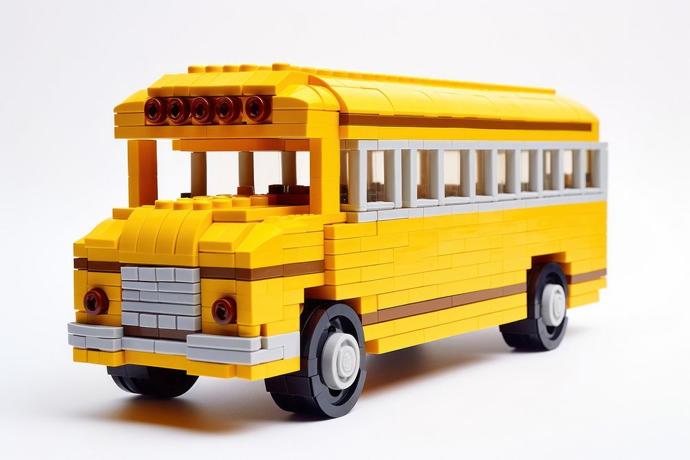 School bus bricks toy vehicle white background transportation.
