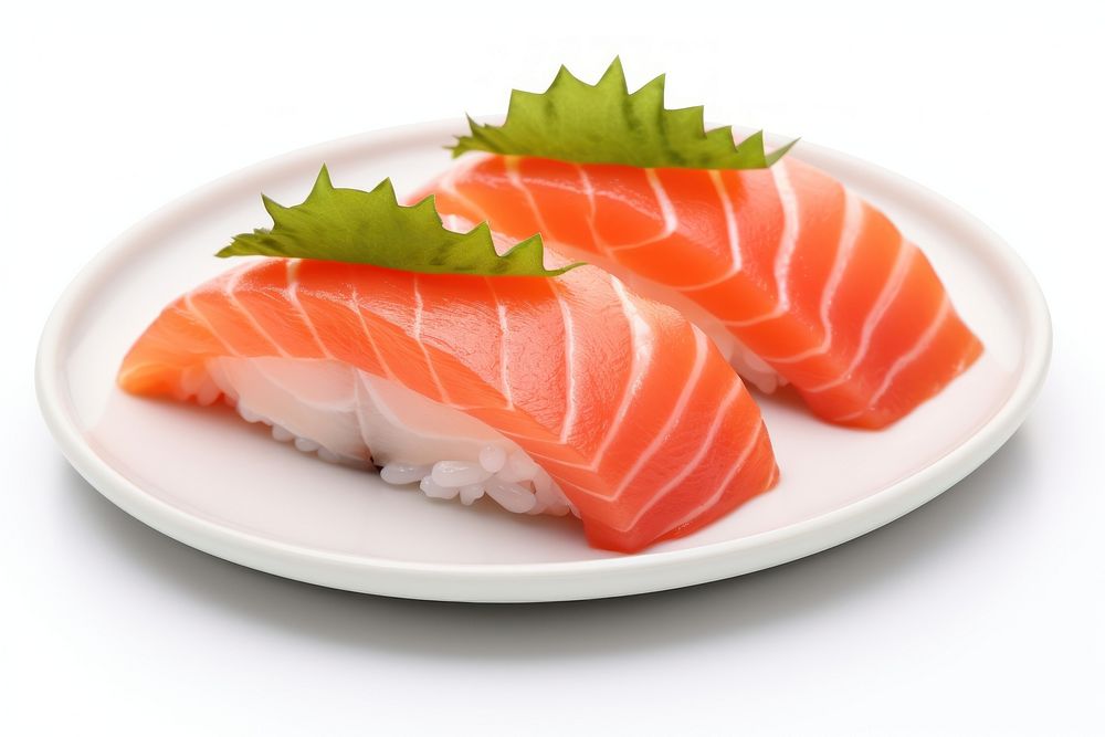 Nigiri sushi plate seafood salmon.