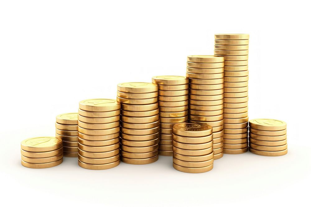 Stacked coins money gold white background.