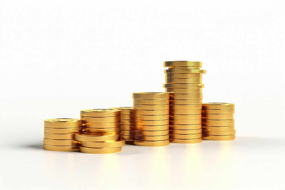Stacked coins money gold white background.