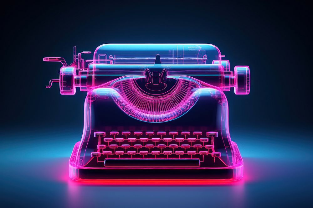 Neon typewriter wireframe light neon illuminated.