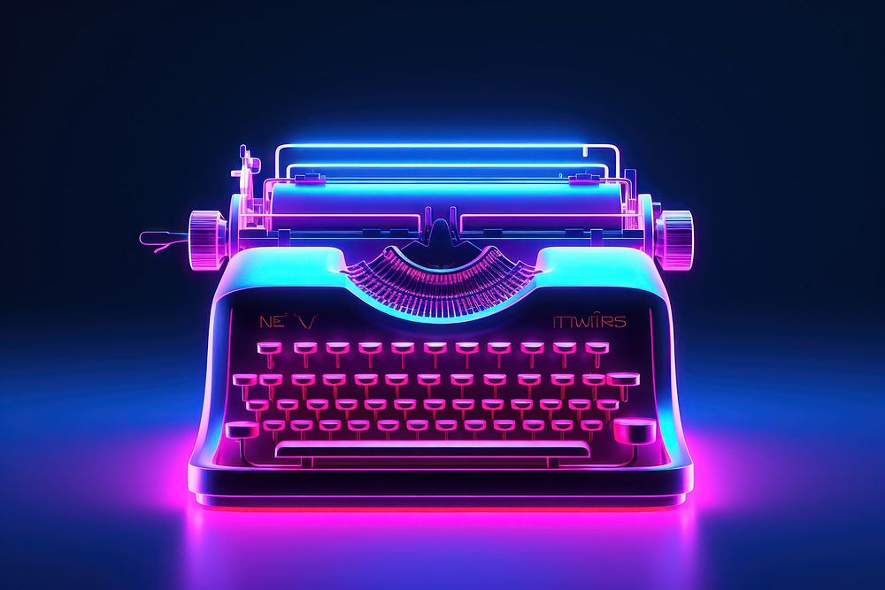 Neon typewriter wireframe neon computer light.
