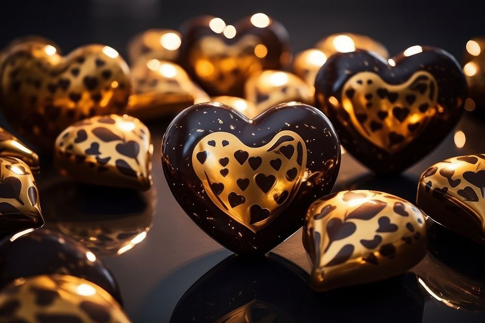 Valentines chocolate heart pattern bokeh effect background gold illuminated celebration.