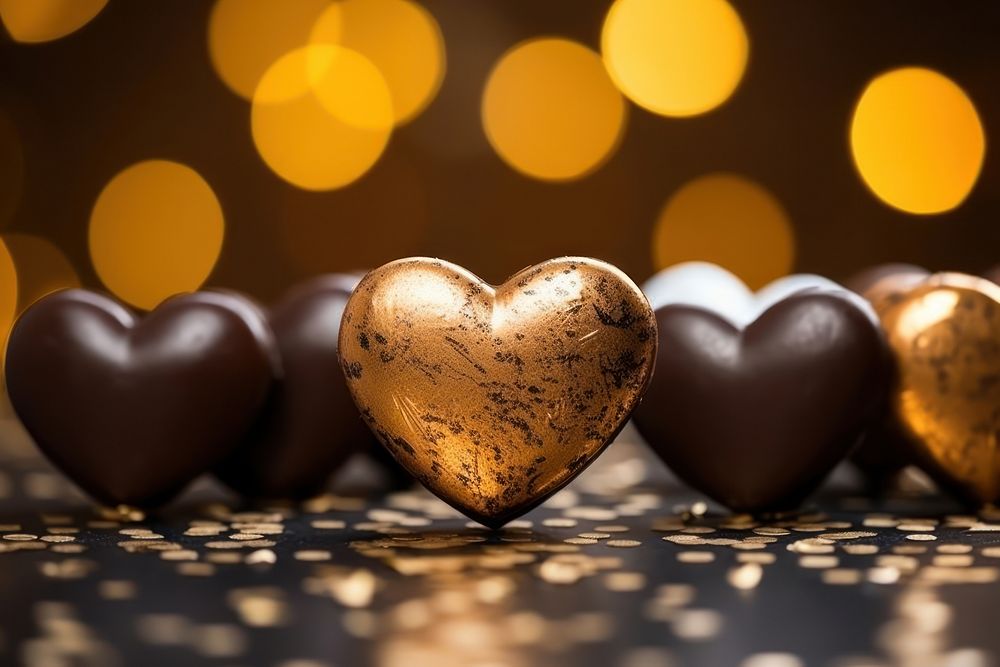 Valentines chocolate heart pattern bokeh effect background gold illuminated celebration.