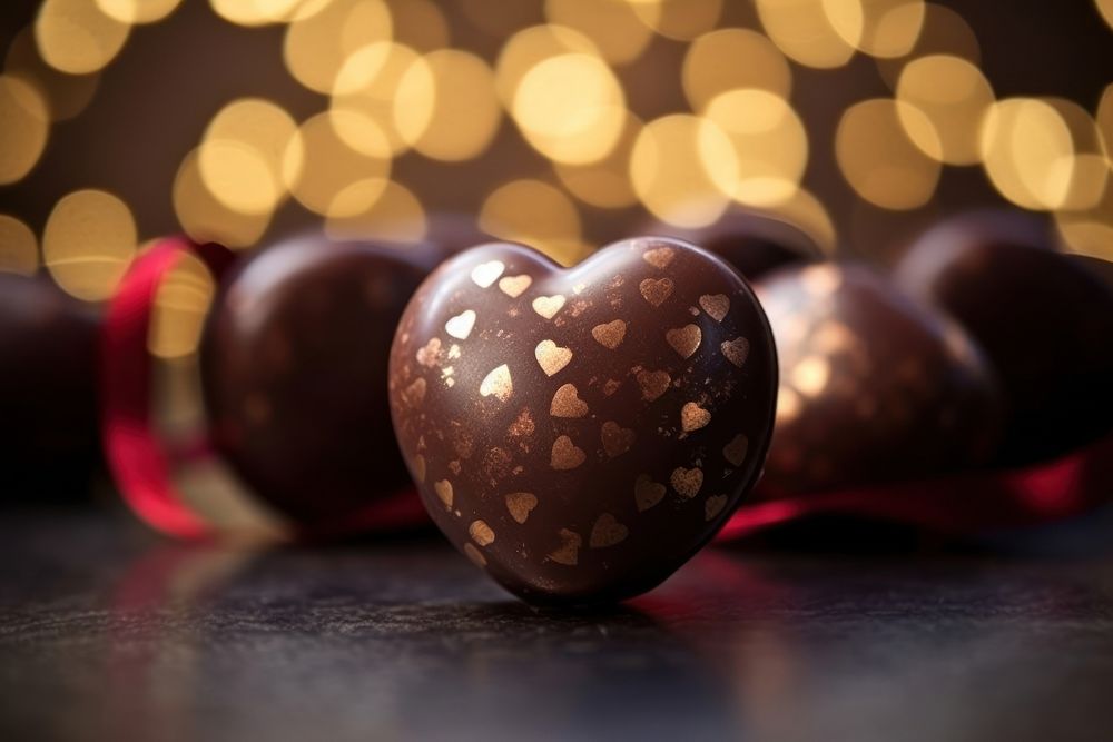 Valentines chocolate heart pattern bokeh effect background dessert food celebration.