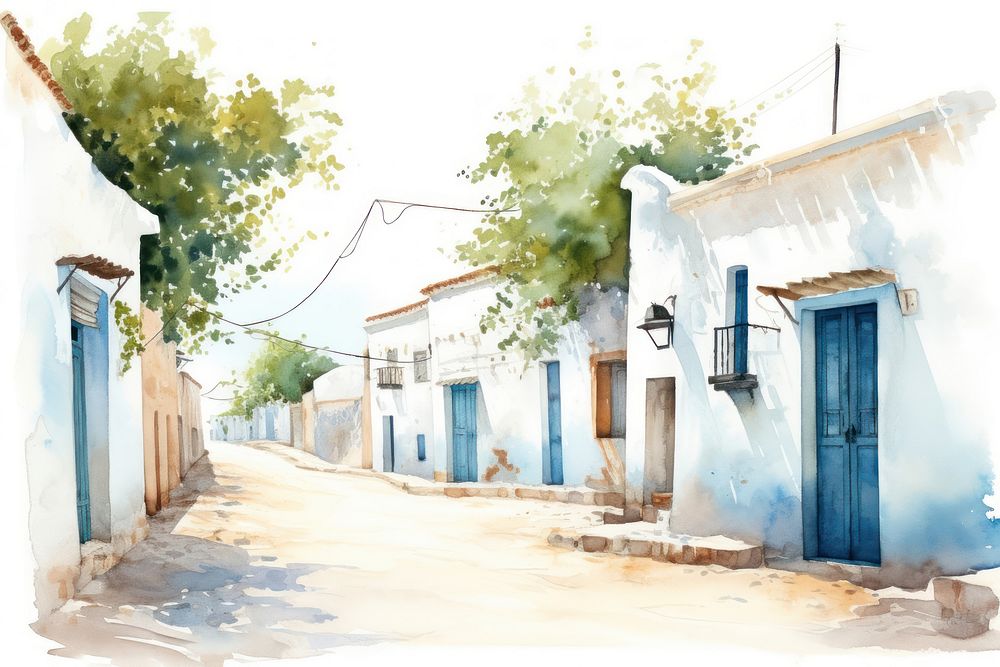 Watercolor illustration country street alley city town.