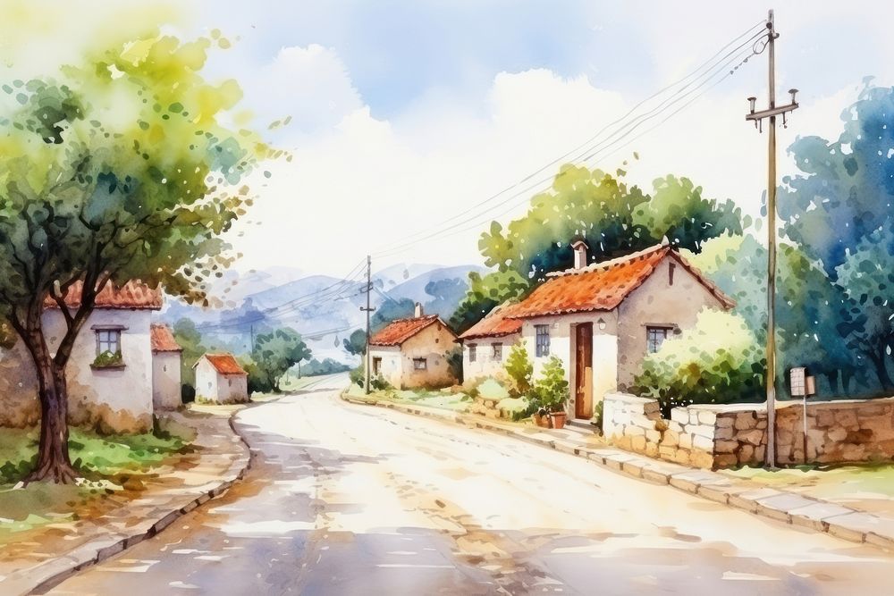 Watercolor illustration country street outdoors village nature.