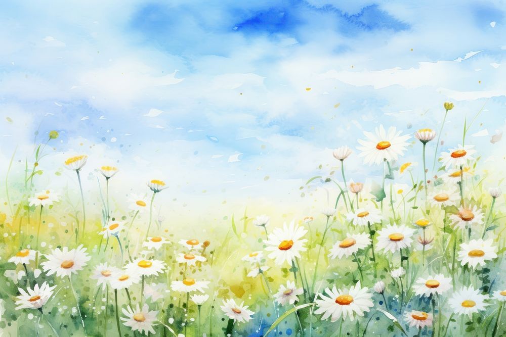 Watercolor illustration daisy meadow outdoors painting flower.