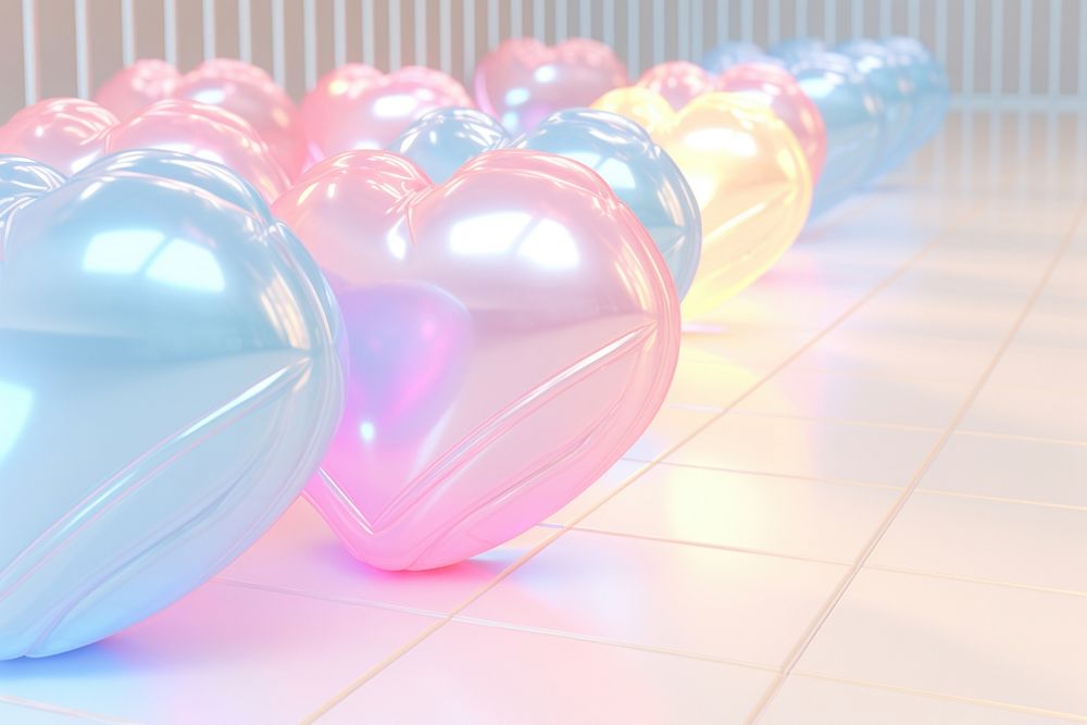 Pastel 3d heart aesthetic holographic balloon illuminated celebration.