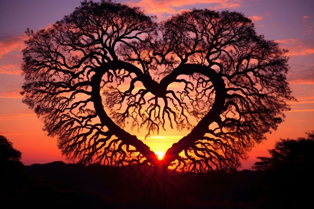 Heart-shaped tree silhouette formed sunset nature outdoors.