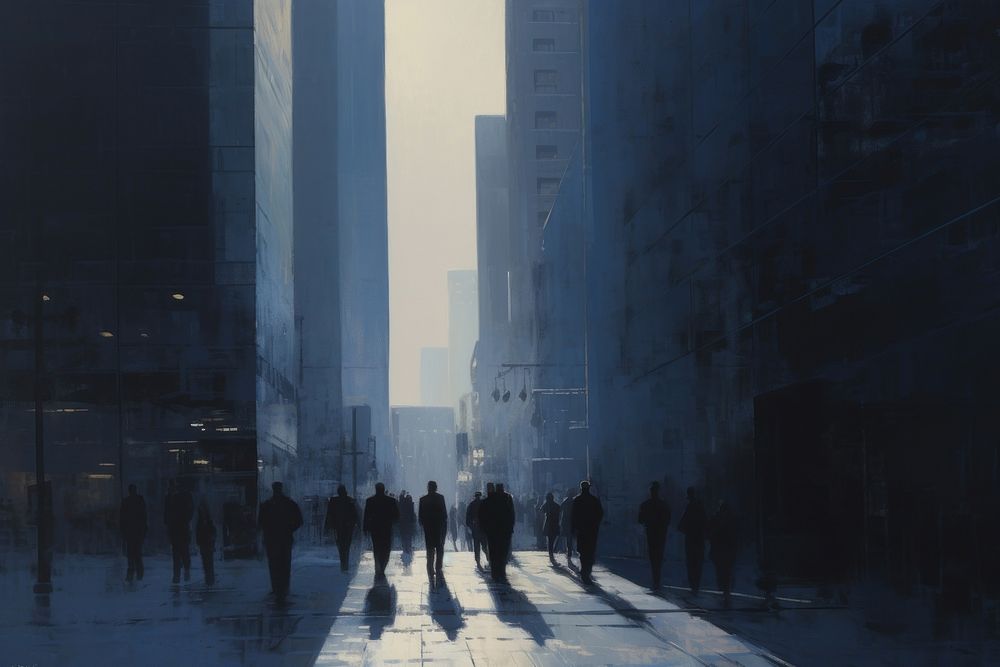 Acrylic paint of business peple walking through at city at dawn street road architecture.