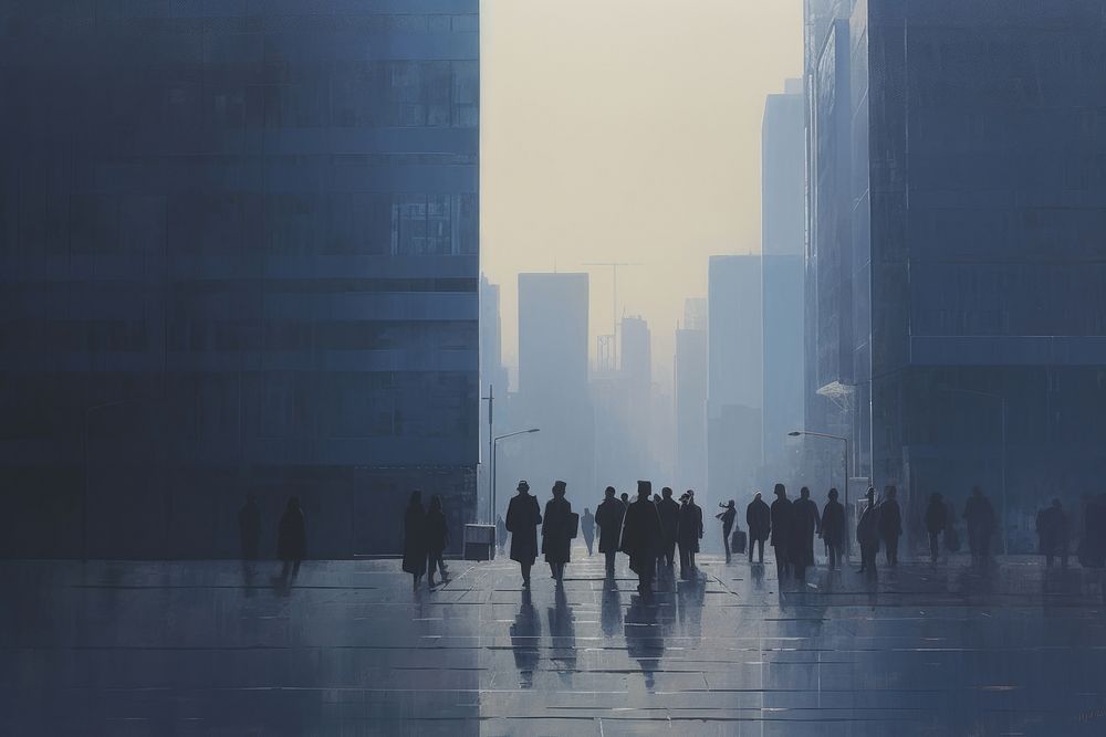 Acrylic paint of business peple walking through at city at dawn architecture building outdoors.