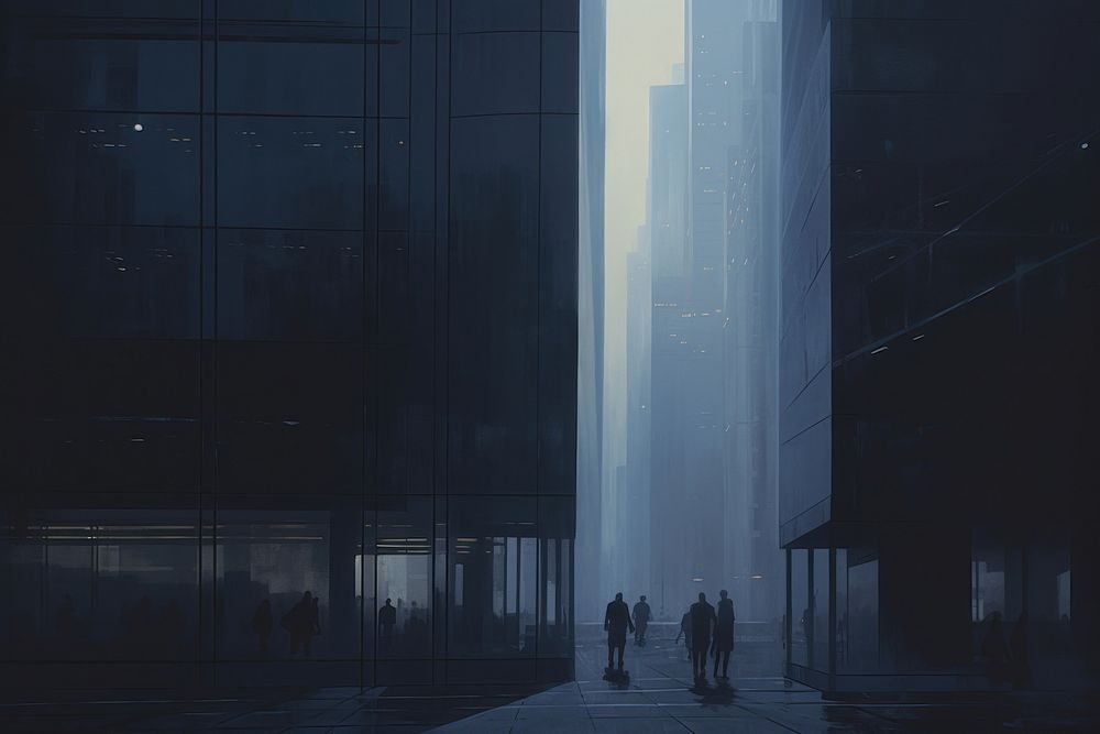 Acrylic paint of business peple walking through at city at dawn street fog architecture.