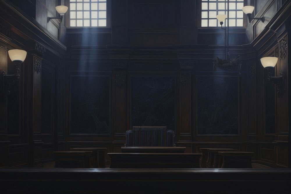 Acrylic paint of courtroom furniture architecture illuminated.