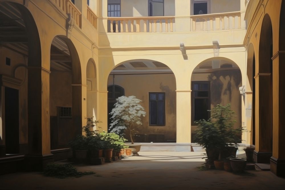 Acrylic paint of residential apartments house inner court yard in Rome architecture building hacienda.