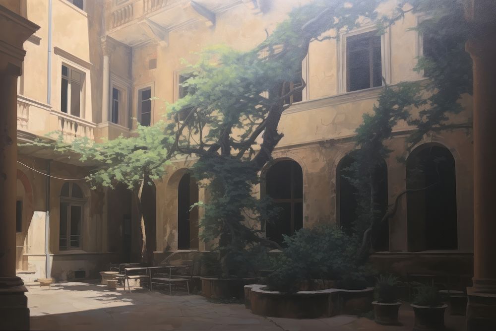 Acrylic paint of residential apartments house inner court yard in Rome architecture building alley.