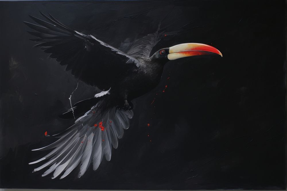 Acrylic paint of toucan flying animal bird beak.