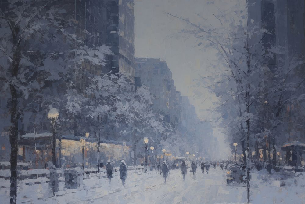 Acrylic paint of winter city street blizzard outdoors snow.