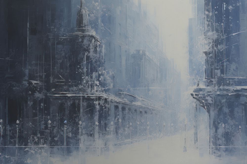 Acrylic paint of winter city street architecture backgrounds reflection.