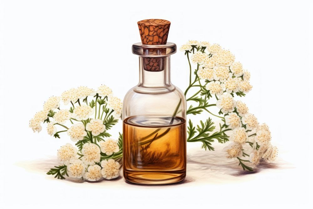 Yarrow flower with yarrow tincture in a glass bottle perfume plant white background.