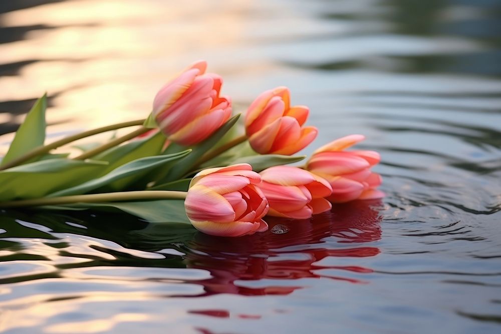 Tulips on glow reflect light water surface outdoors flower nature.