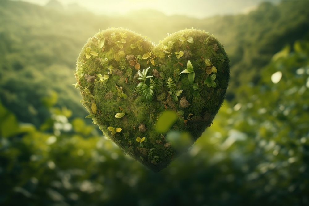 Green planet Earth in shape of heart plant leaf tranquility.