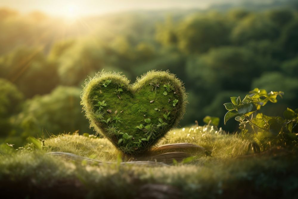 Green planet Earth in shape of heart plant tranquility landscape.