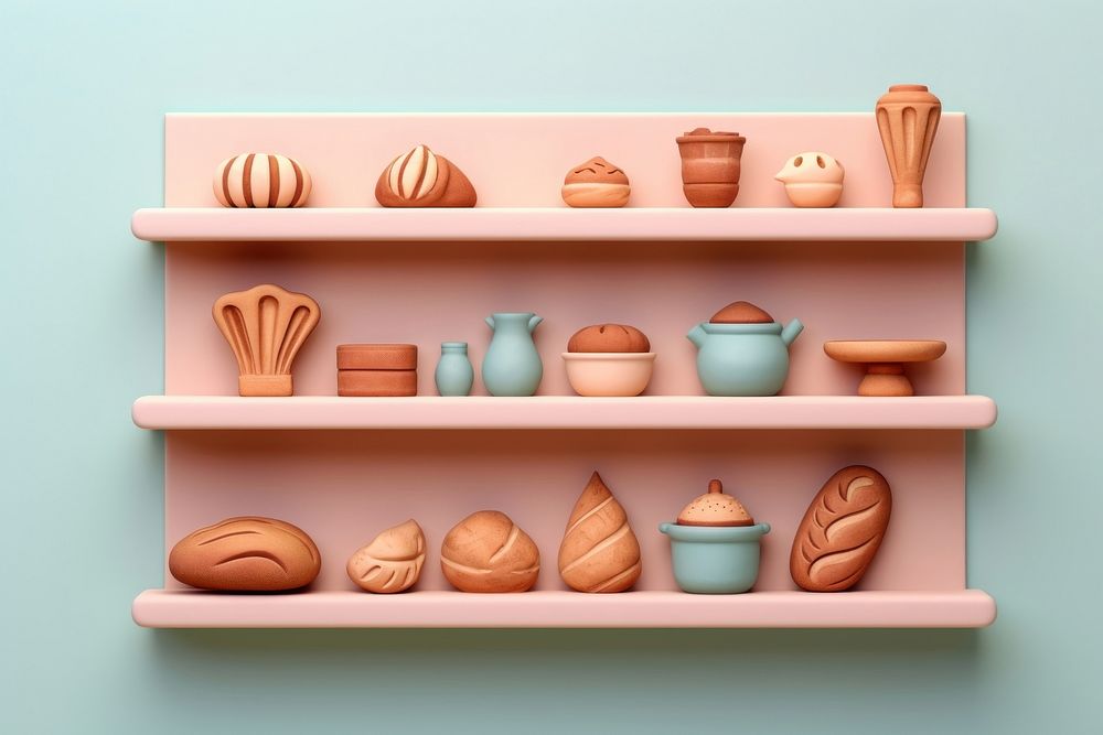 Bakery shelf food arrangement simplicity.