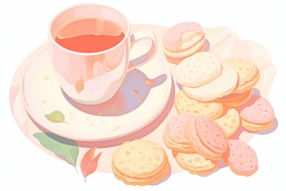 Coffee cup and cookies on the plate saucer drink food.