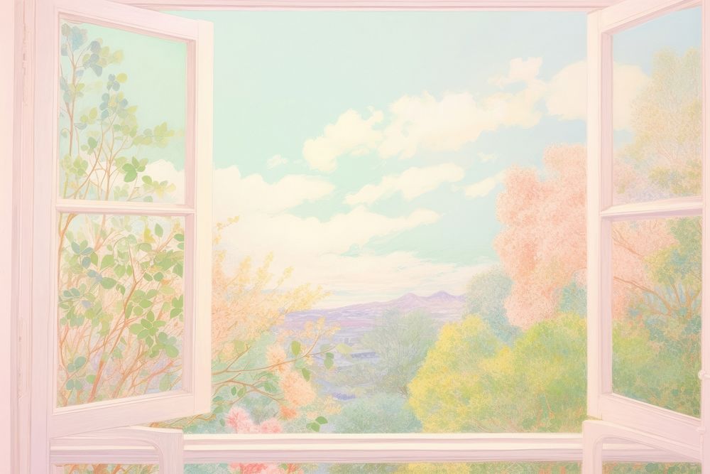 Window with landscape view painting art architecture.