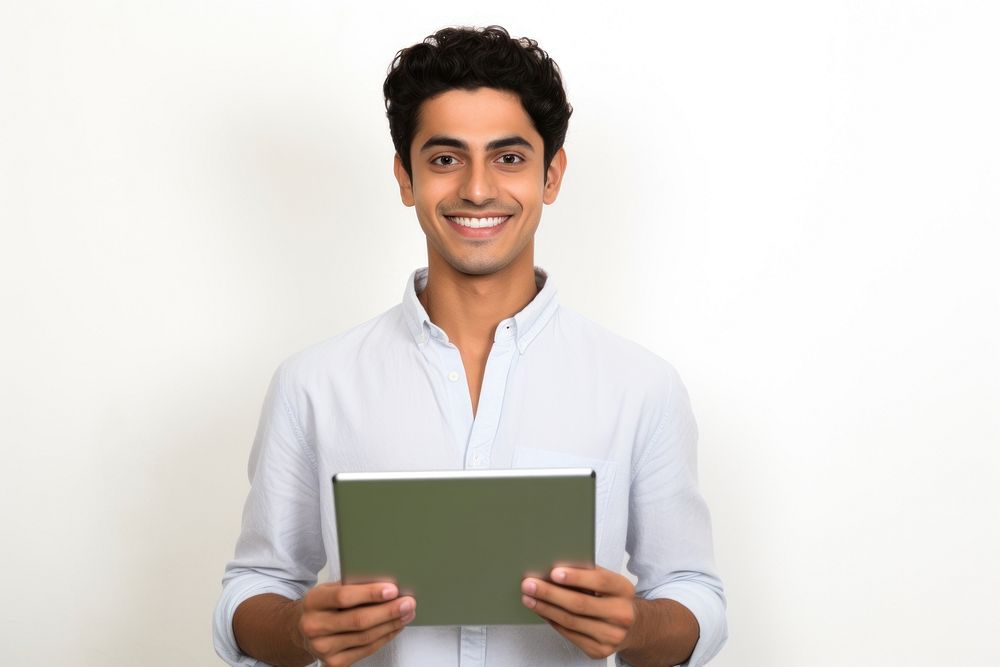 Man in university portrait computer holding.
