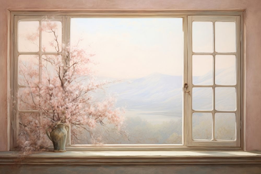 Window with landscape view windowsill painting blossom.