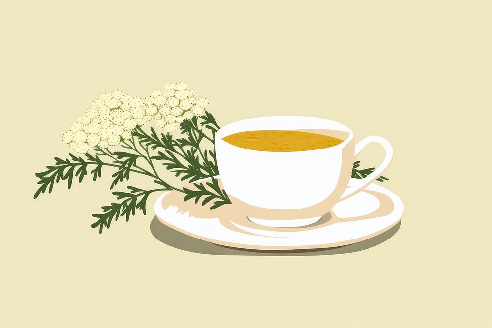 Yarrow flower with a cup of yarrow tea saucer coffee drink.